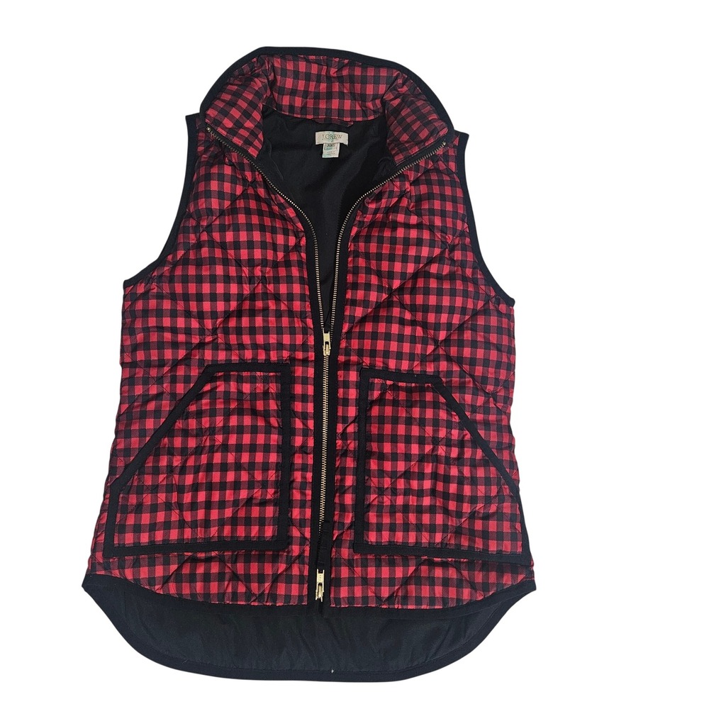 J.Crew Excursion Quilted Puffer Vest Red Black Gingham Check XXS Zip Up